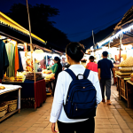 A solo female traveler in her early 30s, wearing modest, fully clothed, and appropriate attire including a lightweight long-sleeved shirt and trousers, securely holding a small backpack in front of her chest. She is walking through a vibrant, bustling Luang Prabang night market in Laos. Traditional stalls with local crafts and textiles are visible in the background, illuminated by soft, warm string lights. The scene captures a moment of attentive observation amidst a friendly crowd, showcasing professional photography with perfect anatomy, correct proportions, well-formed hands, and natural body proportions. This image is safe for work, appropriate content, family-friendly, and depicts a professional and modest travel experience.