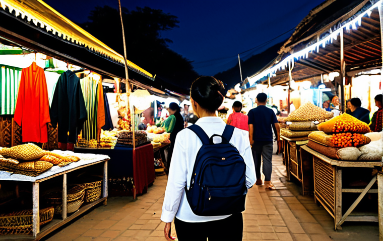 A solo female traveler in her early 30s, wearing modest, fully clothed, and appropriate attire including a lightweight long-sleeved shirt and trousers, securely holding a small backpack in front of her chest. She is walking through a vibrant, bustling Luang Prabang night market in Laos. Traditional stalls with local crafts and textiles are visible in the background, illuminated by soft, warm string lights. The scene captures a moment of attentive observation amidst a friendly crowd, showcasing professional photography with perfect anatomy, correct proportions, well-formed hands, and natural body proportions. This image is safe for work, appropriate content, family-friendly, and depicts a professional and modest travel experience.