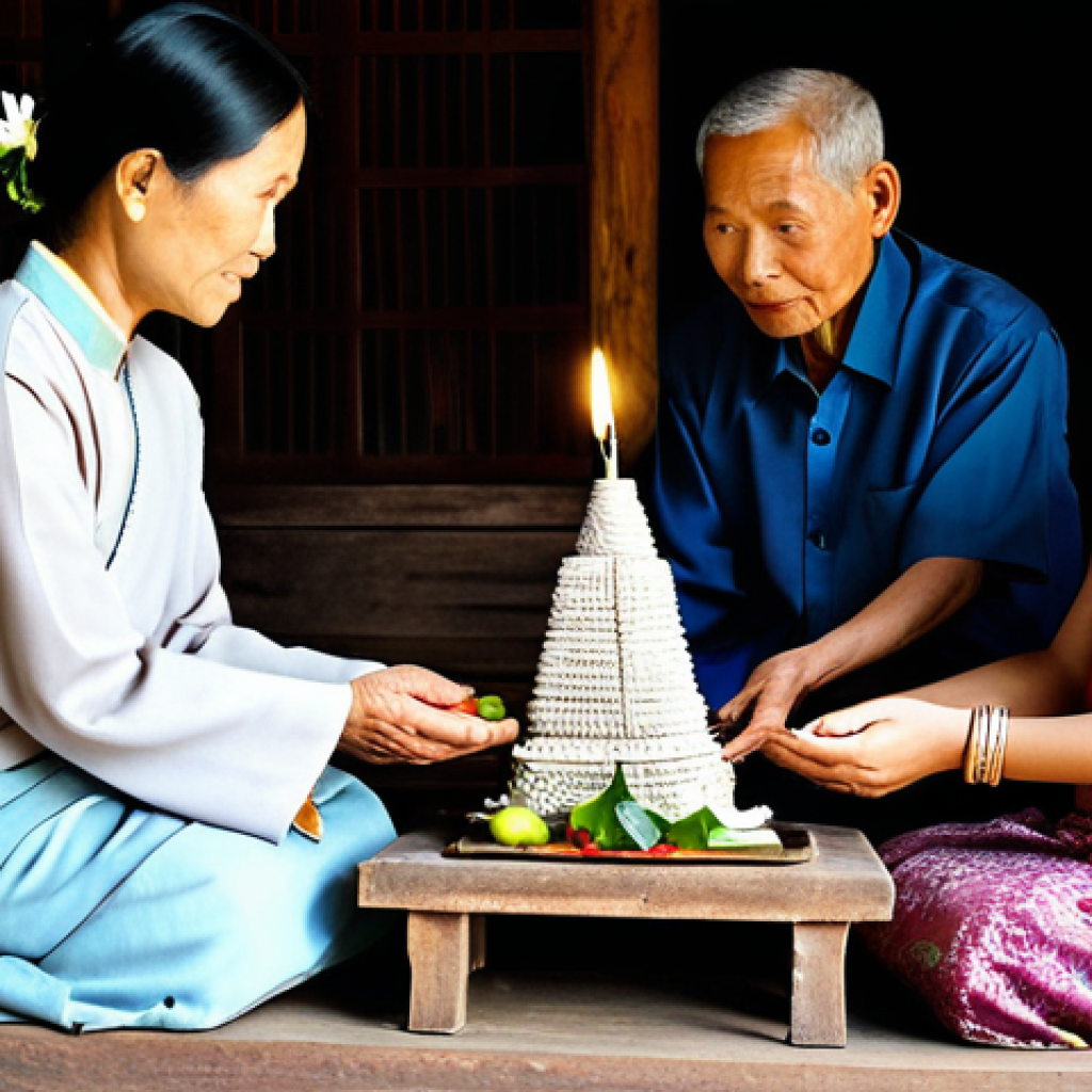 A revered Laotian elder, fully clothed in traditional modest attire, is gracefully conducting a Baci ceremony. Surrounding them are several Laotian family members and friends, also in appropriate, modest traditional clothing, with expressions of reverence and peace. In the center is an intricately decorated 'pha kwan' offering pyramid adorned with fresh flowers, candles, and fruits. Soft, diffused morning light fills the interior of a traditional wooden Laotian home, creating a serene and spiritual atmosphere. Professional studio photography, soft focus, high resolution, perfect anatomy, correct proportions, well-formed hands, proper finger count, natural body proportions, natural pose, safe for work, appropriate content, fully clothed, family-friendly.