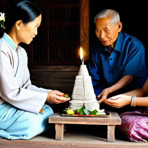 A revered Laotian elder, fully clothed in traditional modest attire, is gracefully conducting a Baci ceremony. Surrounding them are several Laotian family members and friends, also in appropriate, modest traditional clothing, with expressions of reverence and peace. In the center is an intricately decorated 'pha kwan' offering pyramid adorned with fresh flowers, candles, and fruits. Soft, diffused morning light fills the interior of a traditional wooden Laotian home, creating a serene and spiritual atmosphere. Professional studio photography, soft focus, high resolution, perfect anatomy, correct proportions, well-formed hands, proper finger count, natural body proportions, natural pose, safe for work, appropriate content, fully clothed, family-friendly.
