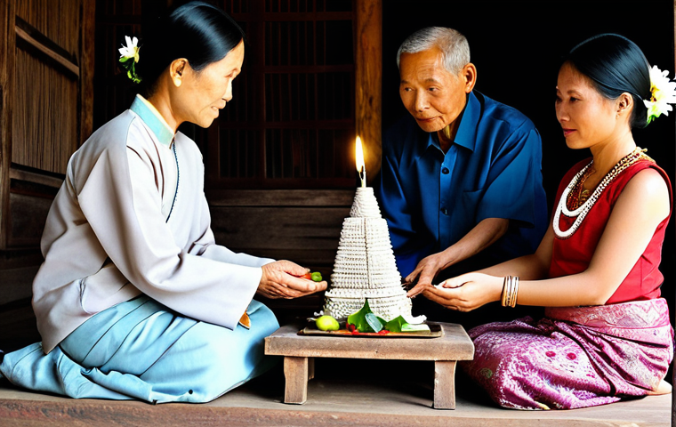 A revered Laotian elder, fully clothed in traditional modest attire, is gracefully conducting a Baci ceremony. Surrounding them are several Laotian family members and friends, also in appropriate, modest traditional clothing, with expressions of reverence and peace. In the center is an intricately decorated 'pha kwan' offering pyramid adorned with fresh flowers, candles, and fruits. Soft, diffused morning light fills the interior of a traditional wooden Laotian home, creating a serene and spiritual atmosphere. Professional studio photography, soft focus, high resolution, perfect anatomy, correct proportions, well-formed hands, proper finger count, natural body proportions, natural pose, safe for work, appropriate content, fully clothed, family-friendly.